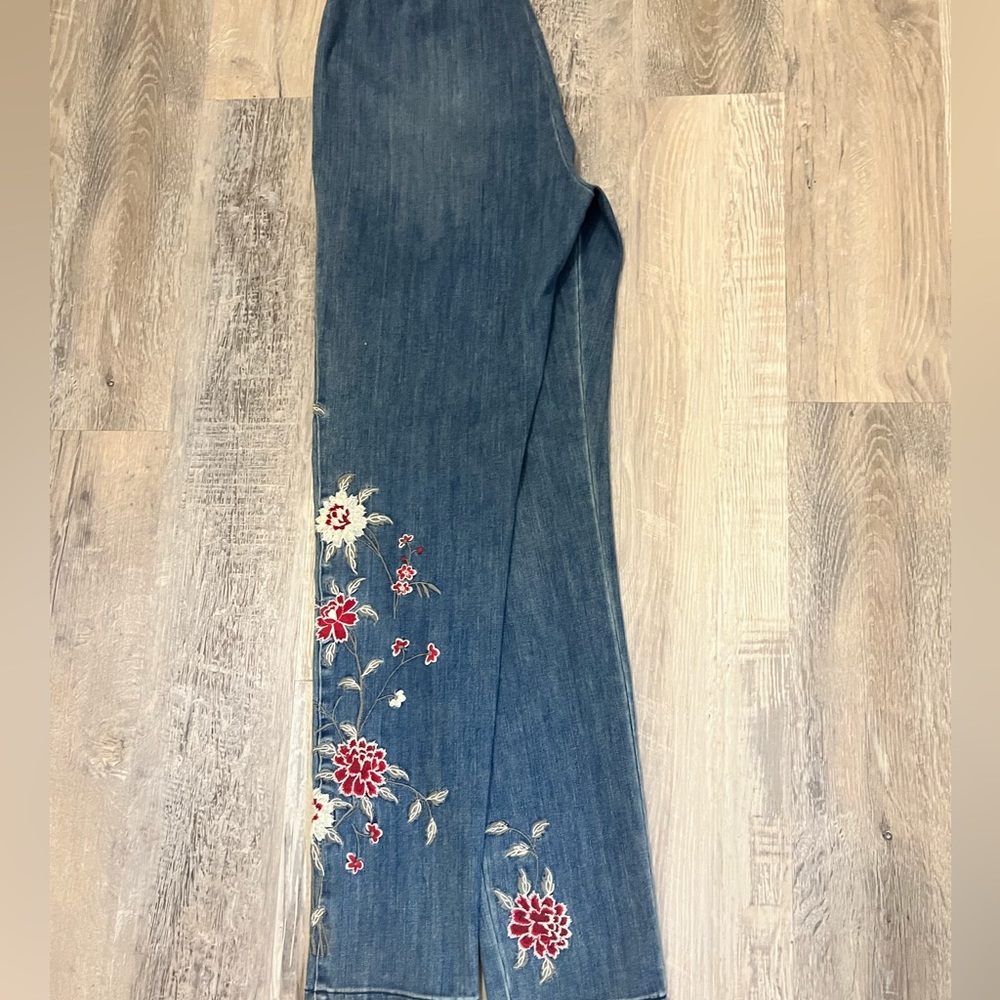 Soft Surroundings Blue Jeans with Red Floral Embroidery